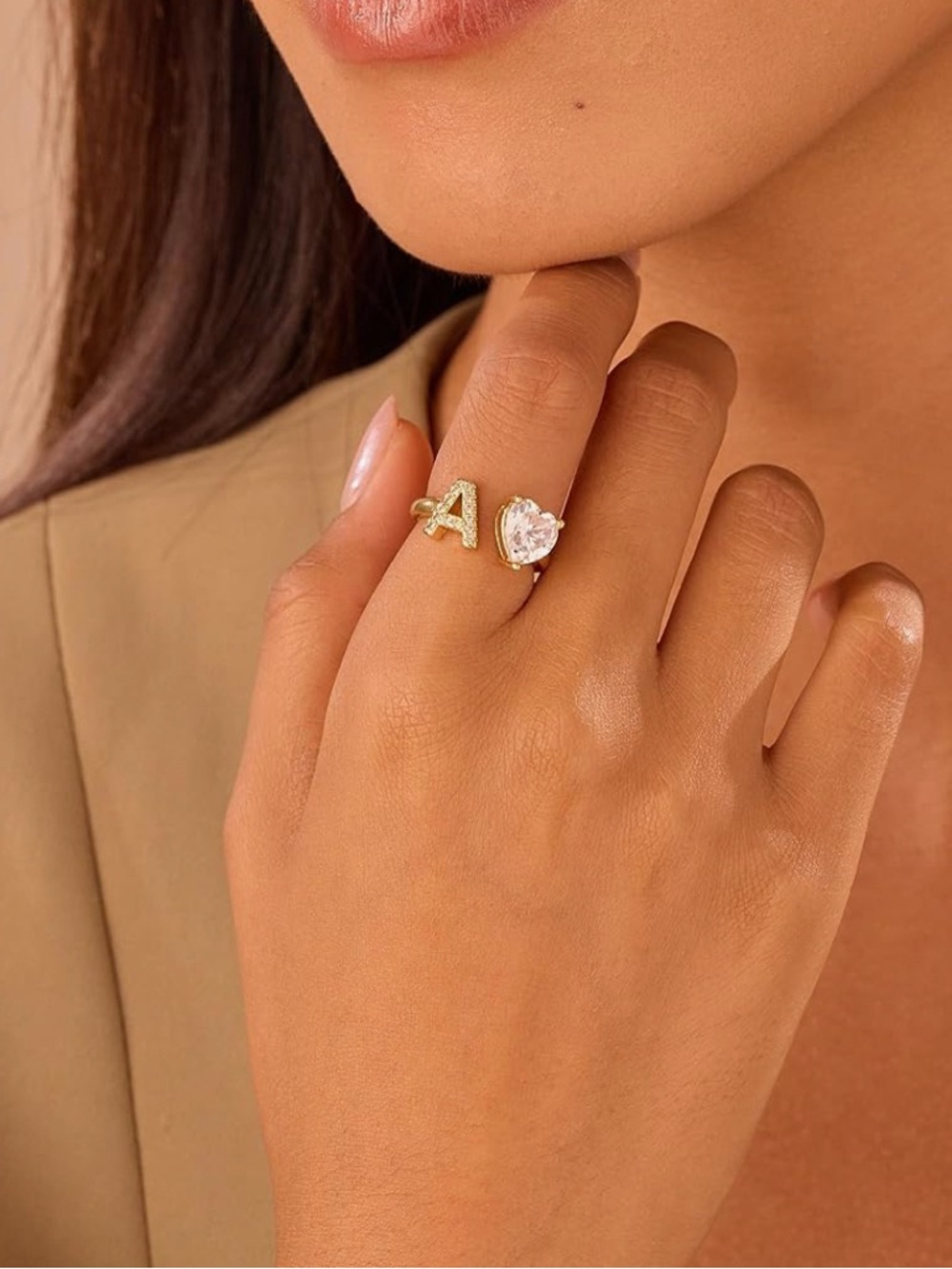 Gold Initial 'A' and Heart Stone Open Ring - Gold